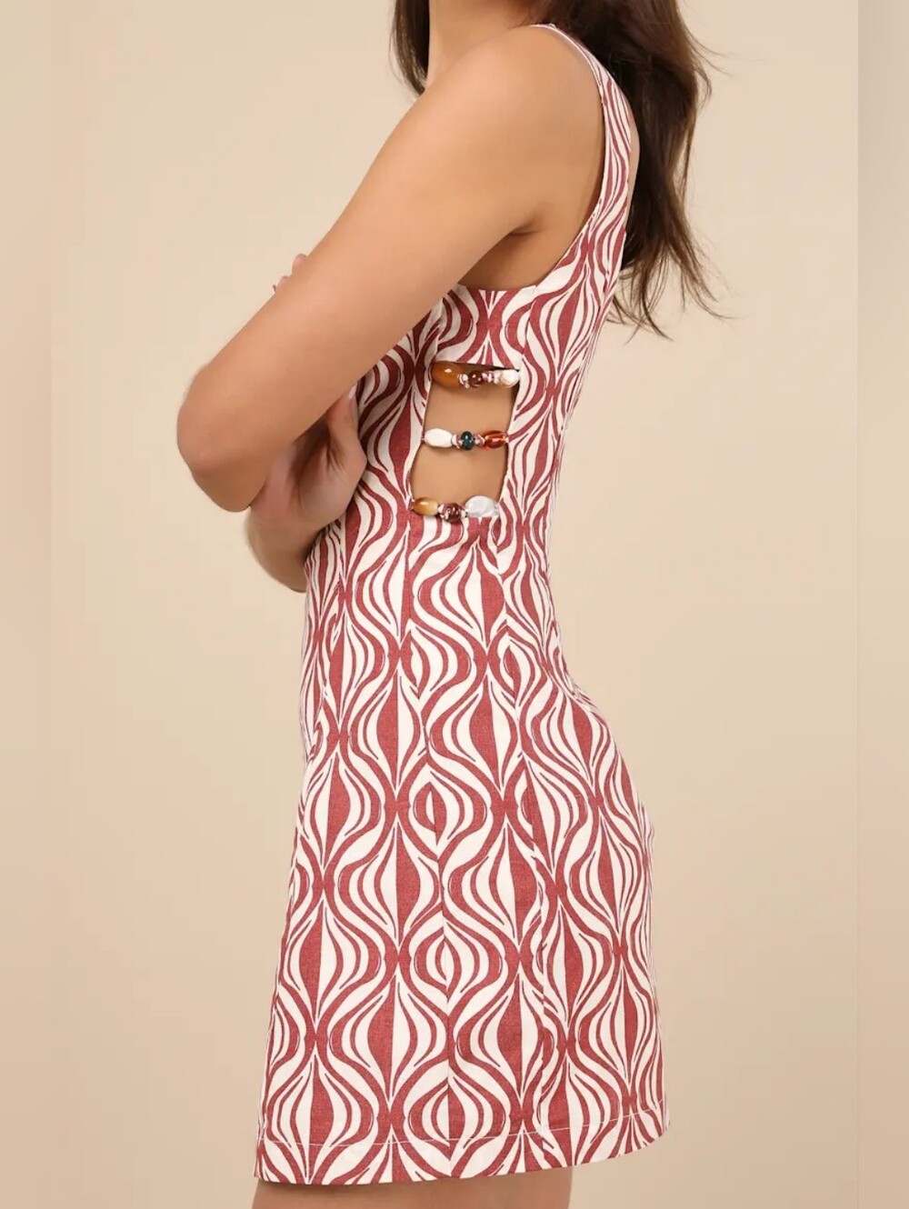 Lulu's Rust and White Cutout Patterned Mini Dress